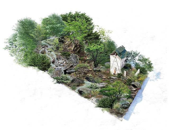 황지해 ‘치유의 땅: 한국의 산’ - 2023년 英 런던 첼시플라워쇼 쇼가든 부분에 최종 선정된 황지해 작가의 ‘치유의 땅: 한국의 산’ 개요도