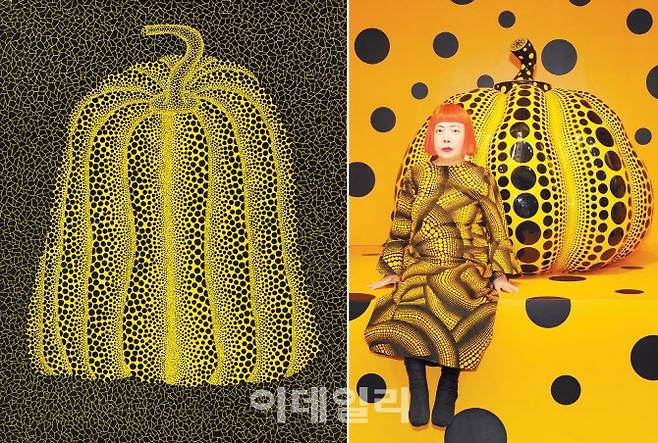 쿠사마 아요이의 1981년 작 ‘호박’(Pumpkin)과 노란 땡땡이를 배경으로 앉은 쿠사마 야요이. 50호(116.7×90.3㎝) 크기의 ‘호박’은 23일 서울옥션 ‘윈터세일’에서 54억 5000만원에 팔리며 국내서 거래된 쿠사마 작품을 통틀어 최고가를 쓴 동시에 올해 국내 경매서 팔린 모든 작품 중 가장 비싼 낙찰작이란 기록까지 꿰찼다(사진=서울옥션).