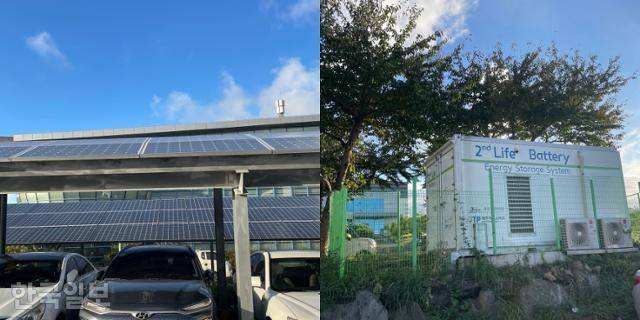 제주테크노파크 안에는 폐배터리 모듈을 재제조해 만든 태양광 연계형 전기차 충전용 ESS가 있다. 왼쪽은 태양광을 모을 수 있는 패널의 모습이고, 오른쪽은 패널에서 모인 전기를 저장해두는 재제조 ESS의 모습. 2일 정도 충전하면 전기차 8대 정도를 충전할 수 있는 전기를 저장할 수 있다. 제주=오지혜 기자