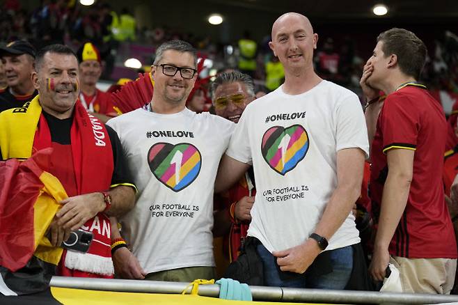벨기에와 캐나다의 조별리그 F조 1차전에서 무지개 티셔츠를 입고 응원하는 벨기에 팬들. (사진=AP Photo/뉴시스)