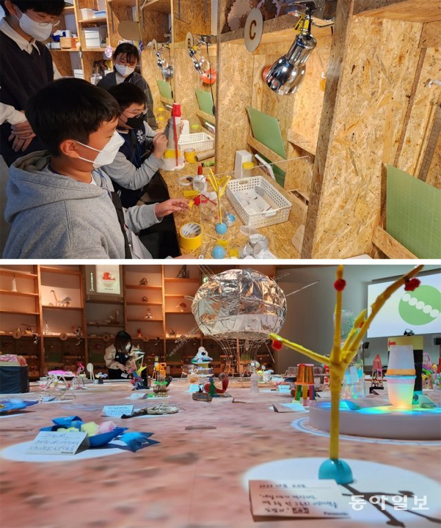 제43회 전국학생과학발명품경진대회 수상자들이 일본 도쿄 파나소닉 쇼룸에서 만들기 체험을 하고 있다(위 사진). 만들기 작품이 일본 ‘파나소닉 쇼룸’에 전시돼 있다. 도쿄=박정연 기자 hesse@donga.com
