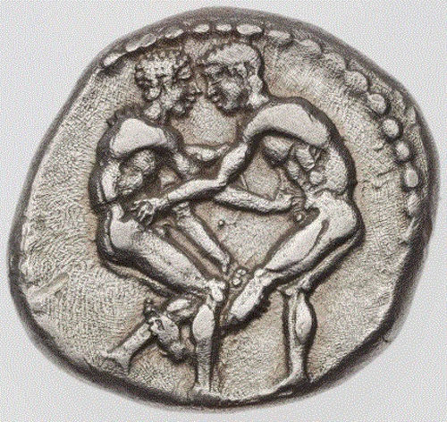 고대 그리스의 레슬링 모습이 새겨진 주화. 동양의 씨름과 매우 흡사하다. 출처 루카스 크리스토풀로스의 논문