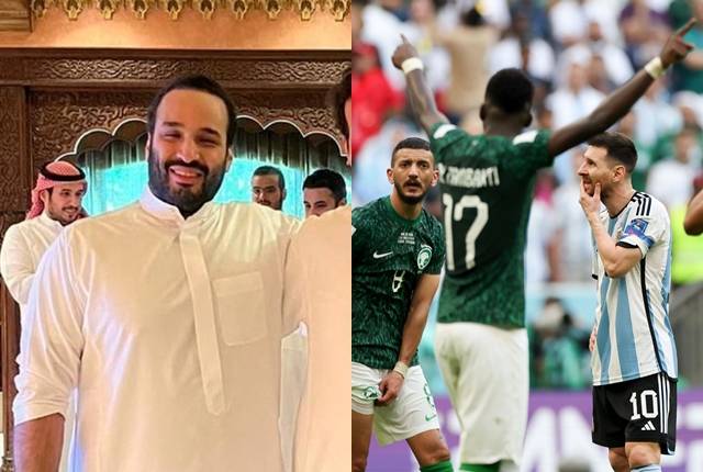 2022 국제축구연맹(FIFA) 카타르 월드컵 조별리그 C조 사우디아라비아 대 아르헨티나 경기가 열린 22일(현지시간) 무함마드 빈 살만 사우디아라비아 왕세자(왼쪽)가 수도 리야드에서 사우디 깃발을 든 사우드 빈 살만 왕자와 함께 자국의 승리를 축하하고 있다. 사우디는 이날 강호 아르헨티나를 2대 1로 꺾는 이변을 연출했다. 로이터, 신화 연합뉴스