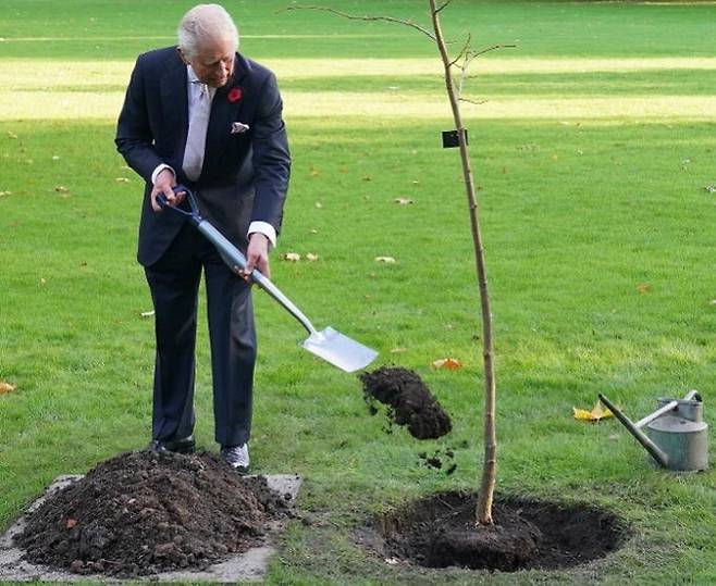 영국 새 국왕 찰스 3세가 이달 초 제27차 유엔기후변화협약 당사국총회(COP27) 개막을 앞두고 환경보호의 중요성을 강조하기 위해 직접 버킹엄궁의 녹지 공간에 나무를 심는 모습. 영국 왕실 SNS 캡처