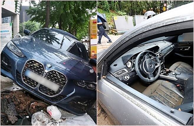 폭우에 침수된 BMW(왼쪽)와 벤츠 차량 [사진출처=연합뉴스]
