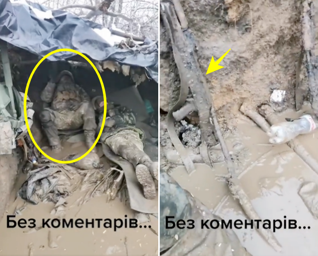 진흙탕에 참호를 만들고 몸을 숨긴 우크라이나 군인들. 트위터 영상 캡처