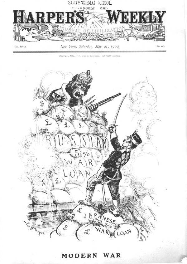 러일전쟁 관련 카툰, 러시아와 일본이 채무를 기반으로 전쟁을 수행중이라는 점을 잘 보여주고 있다 (출처 Harper’s Weekly(New York), Vol. XLVIII, May 21, 1904)