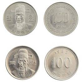 1970년 발행된 100원 주화(위)와 1983년 발행된 100원 주화(사진=한국은행)