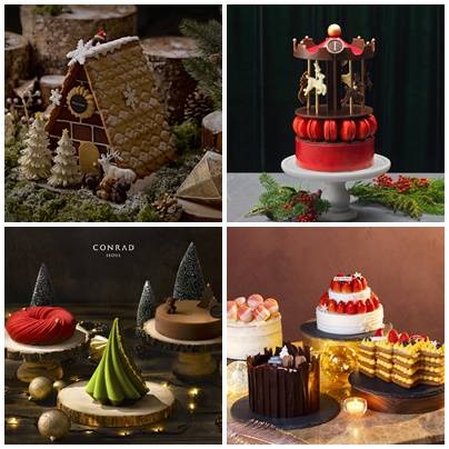 (왼쪽부터 시계방향으로) 롯데호텔 서울 '베어 쇼콜라 하우스', 인터컨티넨탈 파르나스 ‘메리고라운드’ 케이크, 플라자호텔 '크리스마스 위싱', 콘래드 서울 크리스마스 ‘페스티브 케이크’. 각 사 제공