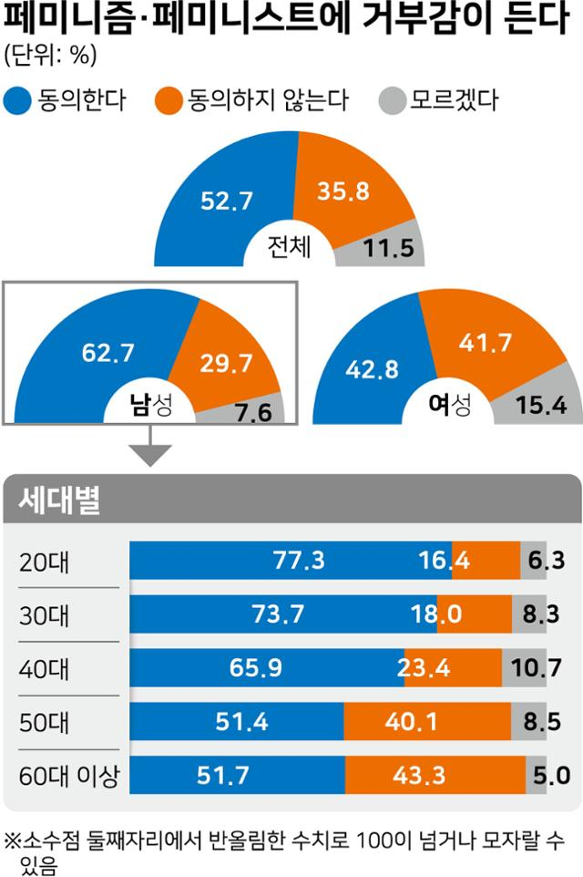 한국일보가 한국리서치에 의뢰해 지난해 5월 25~27일 전국 만 18세 성인 남녀 3,000명을 대상으로 실시한 여론조사(표본오차 95% 신뢰 수준에 ±1.8%포인트)에서 세대별로 '페미니즘에 거부감이 든다'는 응답이 갈렸다.