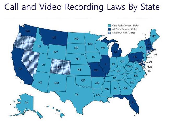 미국의 통화 녹음 관련 법안 현황. 짙은 파란색으로 표시된 주는 상대방 동의 없는 녹음을 금지하고 있다. 출처=레코딩로닷컴
