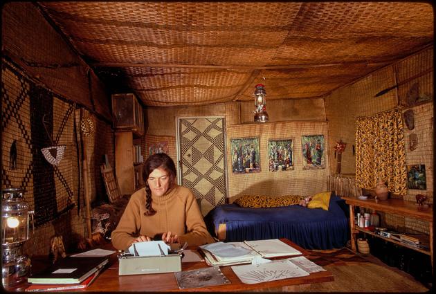 1969년 1월 다이앤 포시가 화산국립공원 카리소케 캠프에 있는 자신의 오두막에서 문서 작업을 하고 있다. 밥 캠벨 자료 모음, 특수&공간 연구 컬렉션, 조지 A. 스매서 도서관, 플로리다대 제공