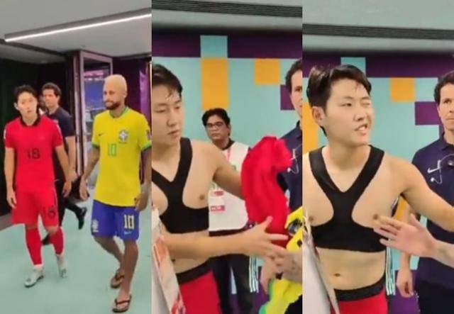 6일 카타르 도하 974 스타디움에서 열린 2022 카타르 월드컵 16강전 한국과 브라질의 경기가 끝난 뒤 이강인과 네이마르가 유니폼을 교환하고 있다. SNS 캡처