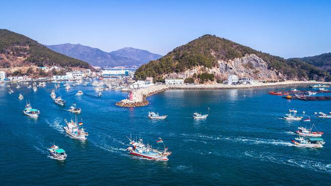 경남 남해·사천·고성 어업인들이 2022년 2월 25일 남해 인근 해역에서 어선 200여척을 동원해 해상풍력 사업 반대 시위를 벌이고 있다. / 뉴스1