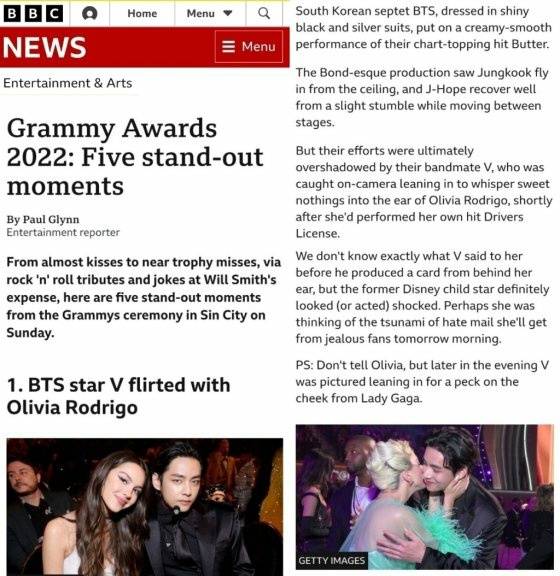 방탄소년단 뷔, 그래미·MTV 선정 '2022 가장 핫한 순간'