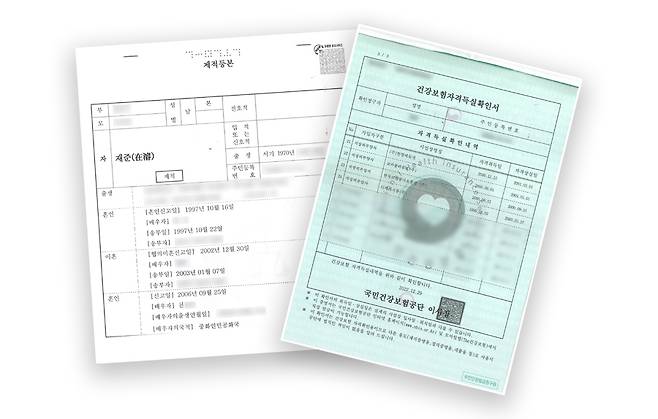 A씨의 제적등본(왼쪽)을 통해 한씨와의 혼인 사실과 기간을 확인할 수 있었다. 또한 A씨의 건강보험자격득실확인서에는 혼인 기간 A씨가 피부양자로 등록돼 있는 기록을 통해 한씨의 근무지를 확인할 수 있었다. ⓒ제보자 A씨 제공