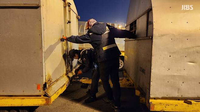 오늘(6일) 새벽 지상조업원들이 화물 운송 업무를 하는 모습.