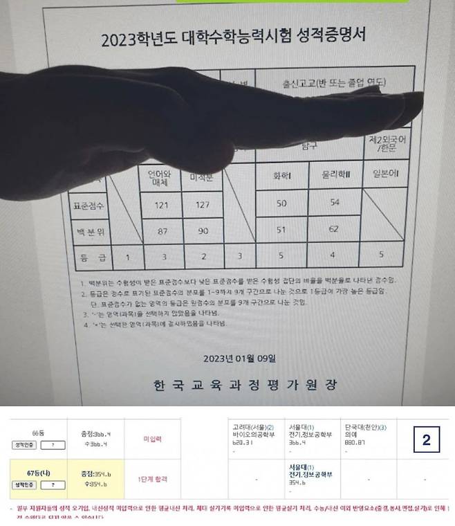 2023학년도 대학수학능력시험에서 평균 3등급을 받은 수험생이 서울대 전기정보공학부 1단계 합격했다는 인증글을 올렸다. /온라인 커뮤니티