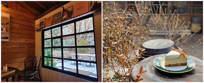 창밖으로 보이는 뒷마당 공간과 디저트 / 사진 = 정윤지 기자(좌), 경우(우)