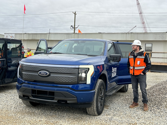 Three Ford F-150 Lightning trucks are used at the Kentucky EV construction site. [SARAH CHEA]
