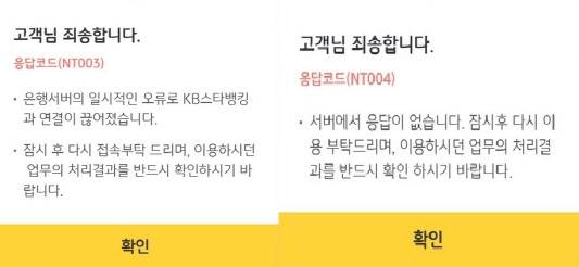 KB국민은행의 ‘KB스타뱅킹’ 앱 오류 창.