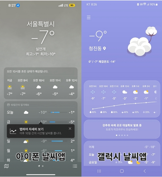좌측부터 26일 오전 8시 26분께 애플 아이폰 날씨앱 화면과 삼성 갤럭시 날씨앱 화면.
