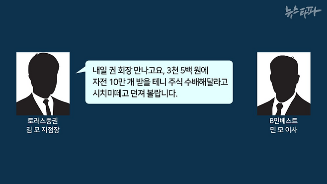 2010년 10월 19일 토러스증권 김 모 지점장이 B 인베스트 민 모 이사에게 보낸 문자 메시지. 이 작전은 9일 뒤 김건희 여사의 계좌로 실행된다.