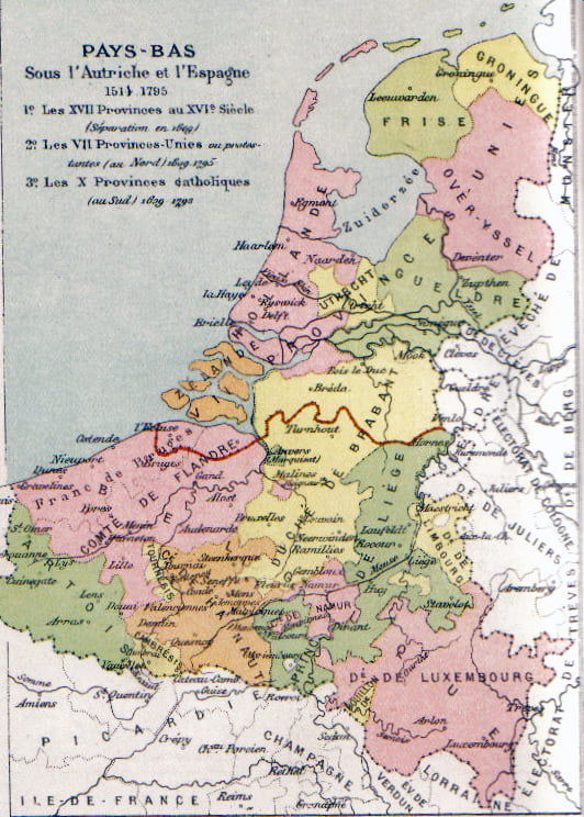 16세기 합스부르크 가문의 지배를 받을 때만 해도 베네룩스3국은 이렇게 조각조각 나뉘어져 있었다. /알렉시스 마리-고셰의 'Atlas de géographie physique'.