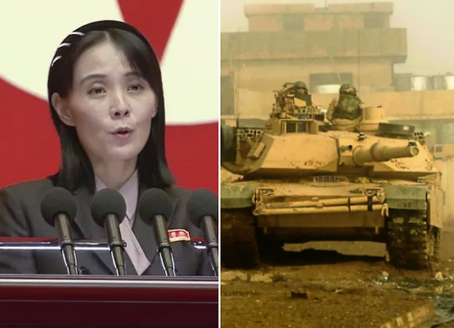 왼쪽은 김여정 북한 조선노동당 중앙위 부부장, 오른쪽은 미국이 우크라이나에 지원하기로 한 주력전차 M1 에이브럼스 탱크