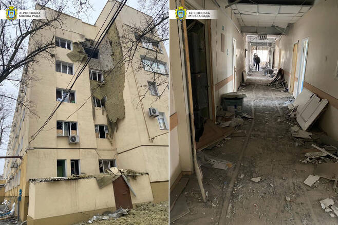 29일(현지시간) 우크라이나 남부 도시 헤르손에 있는 아파트 건물이 러시아군 포격에 심하게 파손됐다. / 사진=헤르손 시의회 페이스북