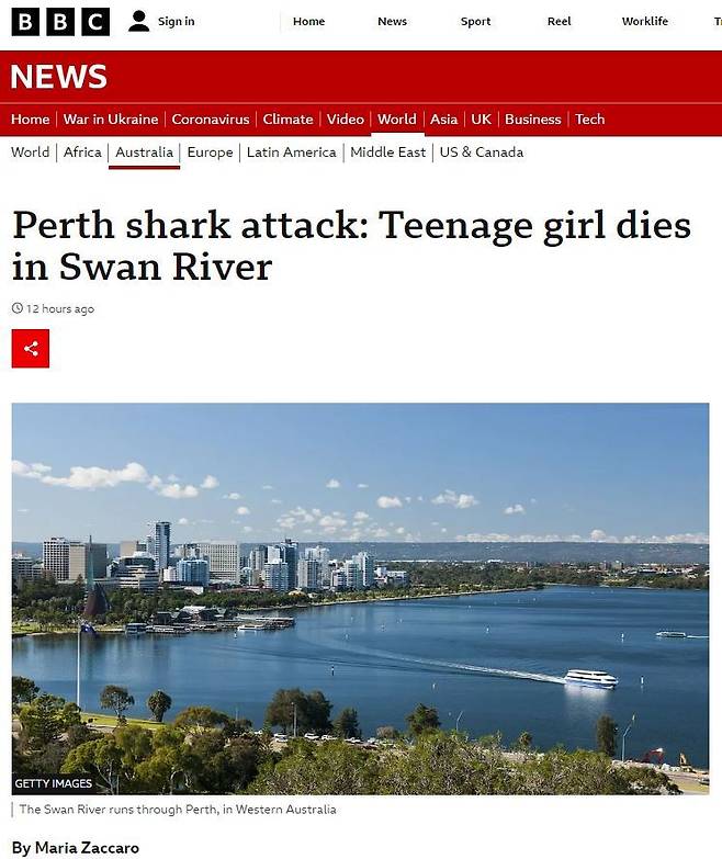 4일 호주 퍼스의 스완 강에서 상어에게 공격당한 한 소녀가 숨진 사건을 보도한 BBC 기사 갈무리.
