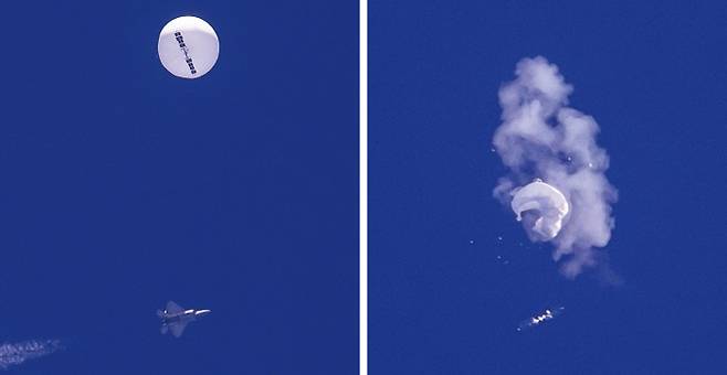 펑! 중국의 정찰 풍선을 격추하기 위해 사우스캐롤라이나 해안 상공으로 출격한 F-22 전투기가 4일(현지시간) 풍선을 향해 날아오르고 있다(왼쪽 사진). 곧이어 F-22가 발사한 미사일을 맞은 풍선이 터져 바다로 추락하고 있다. 미 당국은 잔해를 수거해 분석 중이다. AP연합뉴스