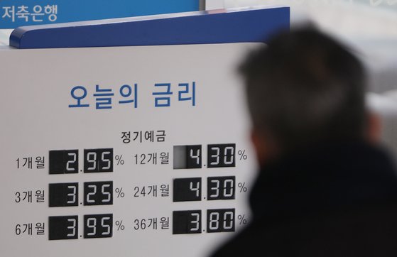 6일 서울 시내의 한 저축은행에 설치된 예·적금 금리 현황판. 연합뉴스