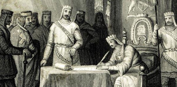 1215년 마그나 카르타(Magna Carta)에 서명하는 영국 존 왕. 마그나 카르타는 영국의 헌정을 넘어 개별 국민의 자유를 옹호하는 근대 헌법의 토대가 되었다./게티이미지코리아