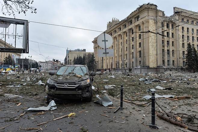 우크라이나 제2의 도시 하르키우가 지난해 3월 러시아의 폭격으로 파괴된 모습. AFP연합뉴스