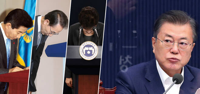 왼쪽부터 고(故) 노무현, 이명박, 박근혜 전 대통령이 측근의 비리로 대국민 사과하는 모습. 오른쪽은 문재인 대통령 ⓒ연합뉴스