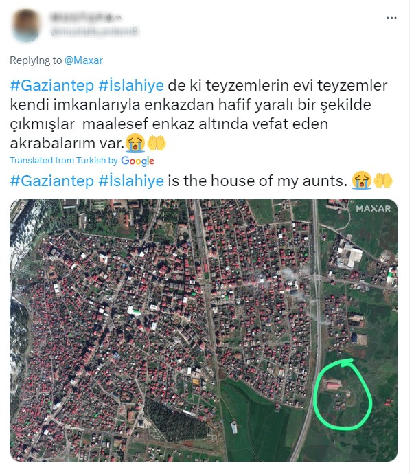 맥사 테크놀로지스가 올린 튀르키예·시리아 대지진 전후 사진에 ‘우리 이모네 집이다’라며 댓글을 남긴 한 누리꾼. 맥사 테크놀로지스 트위터 (@Maxar) 갈무리