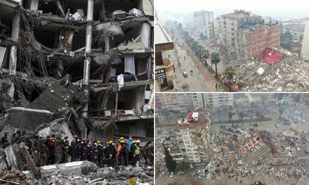 6일(현지시간) 튀르키예 카흐라만마라슈에서 발생한 지진으로 인해 건물이 파손되고 붕괴된 모습. 로이터 연합뉴스