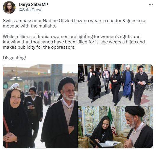 22일(현지시간) 다리야 사파이 벨기에 의원이 로자노 스위스 대사를 비판하며 올린 트위터 게시글 (출처 : @SafaiDarya)