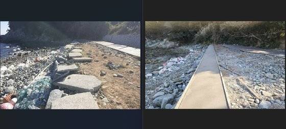 바닷물이 일부 섞인 콘크리트가 사용된 경남 통영 욕지면 우도 해변의 석축(길이 87m, 폭 1m) 모습. 가뭄이 극심했던 지난해 12월 통영시의 보수 공사 발주를 받은 시공업체가 석축 윗부분을 20㎝ 두께의 콘크리트로 덮는 마감 처리 과정에서 시멘트와 바닷물을 일부 섞은 콘크리트를 사용했다. 사진 통영시