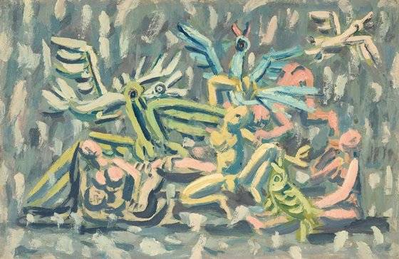 '가족과 첫눈'(1950년대). 눈이 펑펑 쏟아지는 겨울날 서귀포까지 눈을 맞으며 가족이 함께 걸어갔던 기억을 담아낸 작품. 국립현대미술관