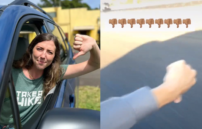 브레나 샤프(Brenna Sharp)가 '텀스 다운'을 하고 있는 모습(왼쪽)과 틱톡 '텀스 다운' 챌린지(오른쪽). /사진=뉴욕 포스트(Newyork Post)
