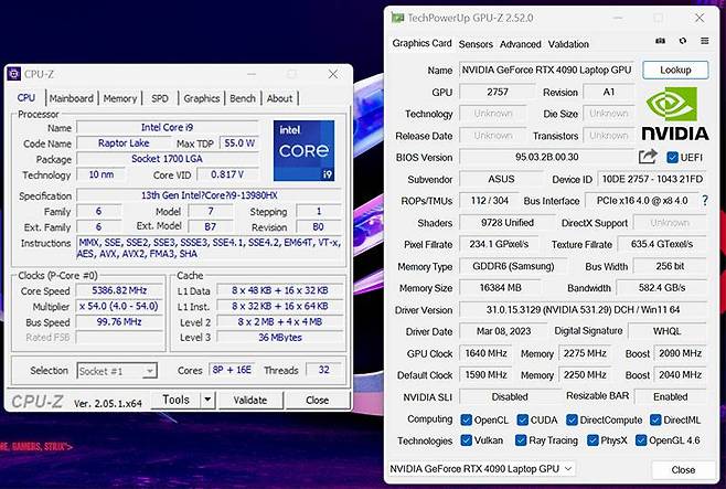 노트북 CPU-Z(좌측) 및 GPU-Z(우측)으로 확인된 장치 정보. 출처=IT동아
