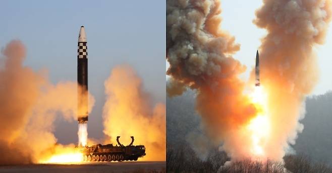 북한이 지난 16일 발사한 화성-17형 대륙간탄도미사일(ICBM·왼쪽)과 지난 19일 쏜 전술핵 탑재 모의 단거리 탄도미사일. 조선중앙통신|연합뉴스