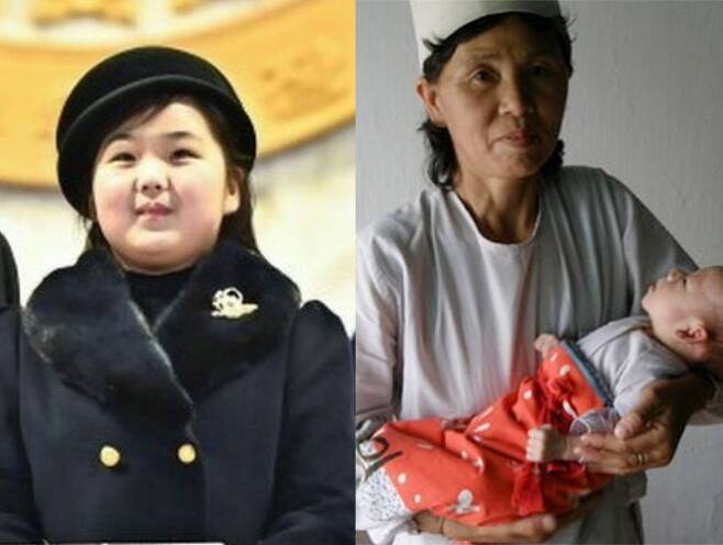 왼쪽은 김정은 북한 국무위원장의 딸 김주애, 오른쪽은 함경북도 청진시 보육원에서 영양실조에 걸린 어린이를 안고 있는 여성