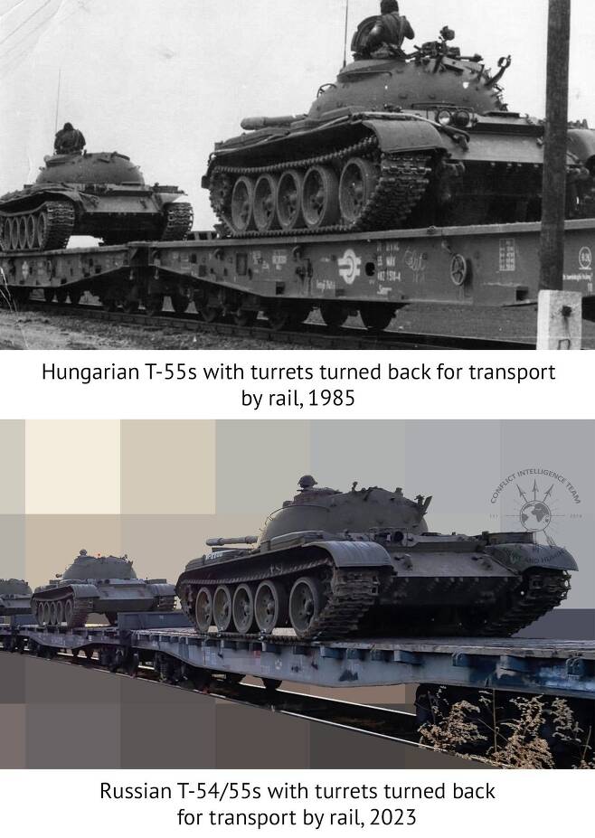 위 사진은 1985년 기차에 실려 헝가리로 향하는 T-55 전차. 아래는 최근 아르세니예프에서 러시아 서쪽으로 향하는 T-54/55 전차들./CIT