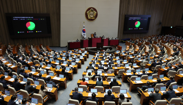 23일 오후 열린 국회 본회의에서 양곡관리법 일부 개정 법률안(대안)에 대한 수정안이 통과되고 있다. 연합뉴스