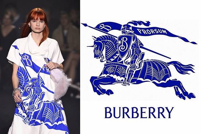 버버리가 지난달 공개한 2023년 가을·겨울 컬렉션. 버버리가 새로 선보인 로고 디자인을 패턴으로 사용한 의상을 입은 모델(왼쪽). 새로운 로고 디자인(오른쪽). [버버리]