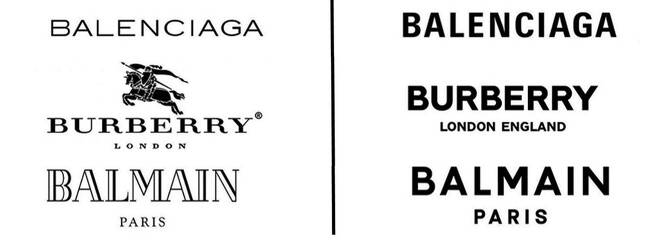 세리프(Serif, 장식) 서체 로고를 산-세리프(Sans-Serif·장식 없는)체로 교체한 브랜드들. 왼쪽은 교체 전 로고, 오른쪽은 교체 후 로고다.