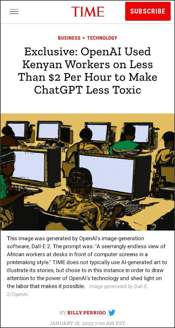 <타임>은 케냐 노동자의 ‘데이터 라벨링’ 노동을 고발하는 기사를 쓰면서 AI가 만든 이미지를 활용했다. <타임> 홈페이지 갈무리